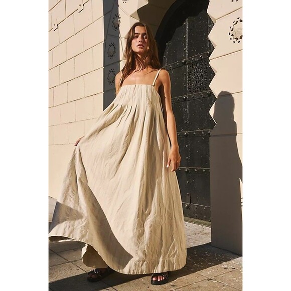 Free People All For Sun Cotton Maxi Dress Tan Women Large Boho Flowy Button Back - Picture 1 of 9